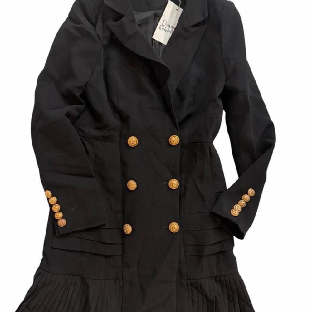 Donna Richardson black blazer dress with pleated skirt detail